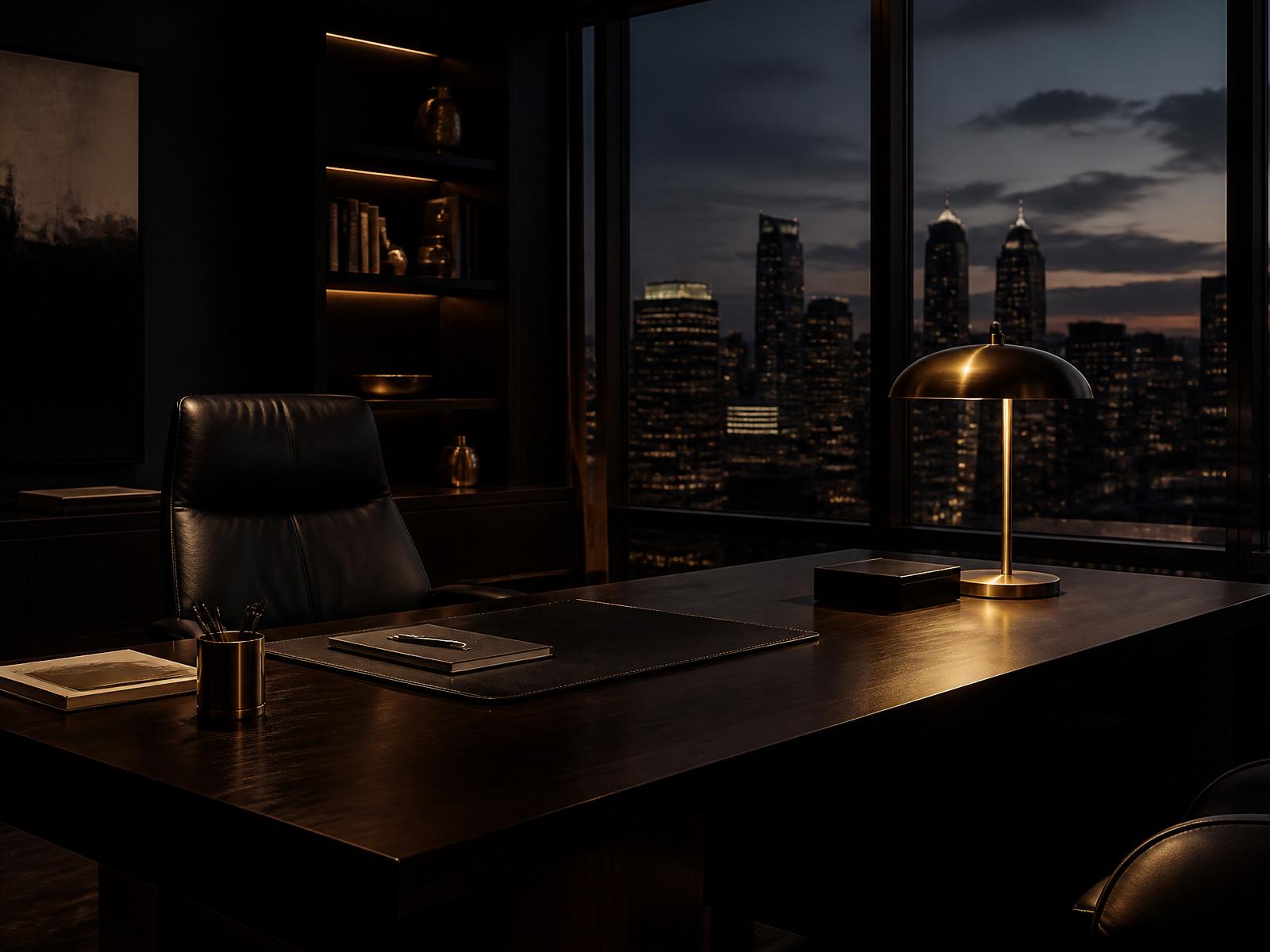 An executive workspace at dusk overlooking a city skyline.