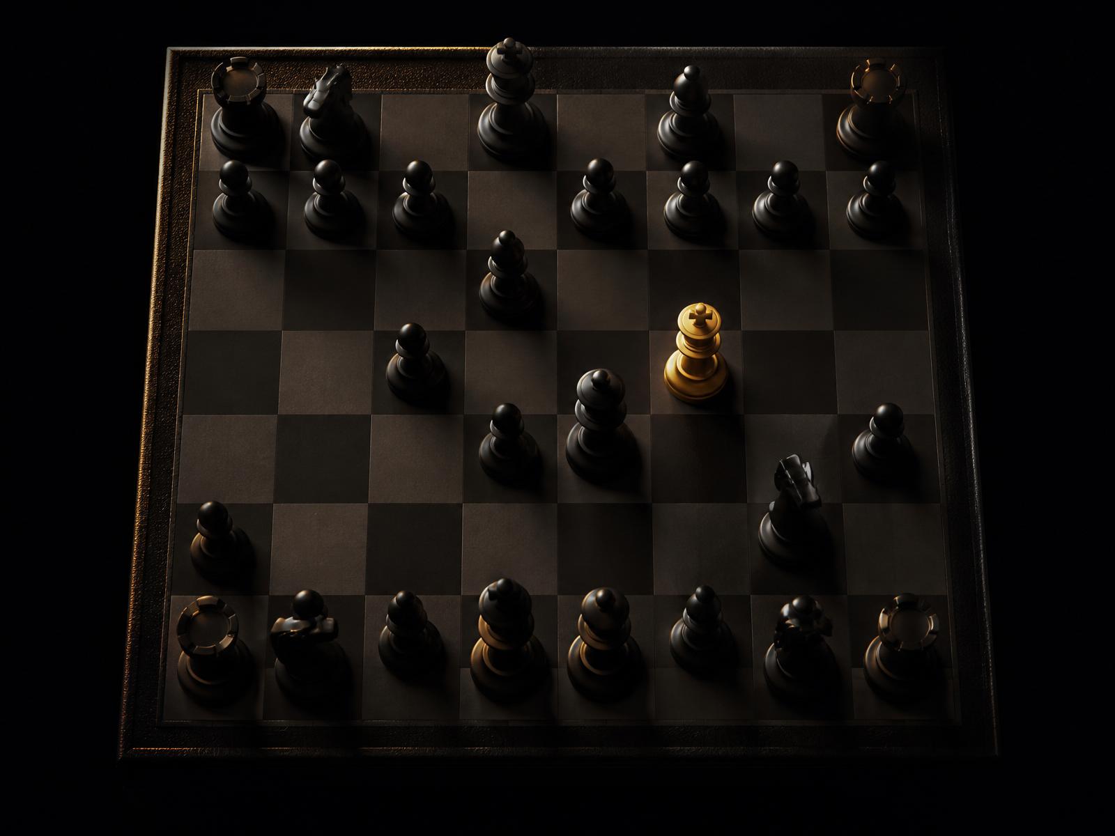 A gold king isolated on a dark chessboard mid-position.